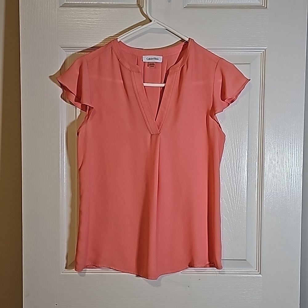Calvin Klein Coral Pink Flutter Sleeve Blouse